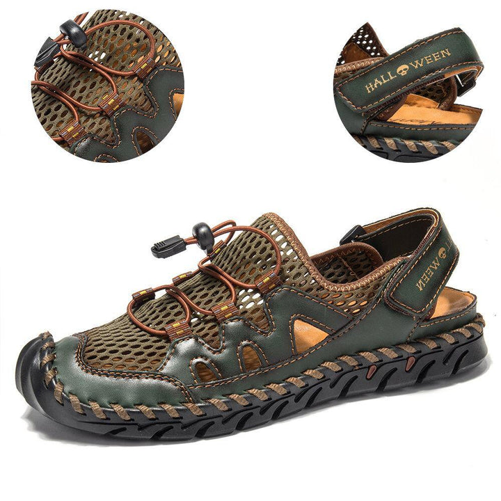 Men Microfiber Leather Hand Stitching Breathable Mesh Casual Soft Sandals - MRSLM