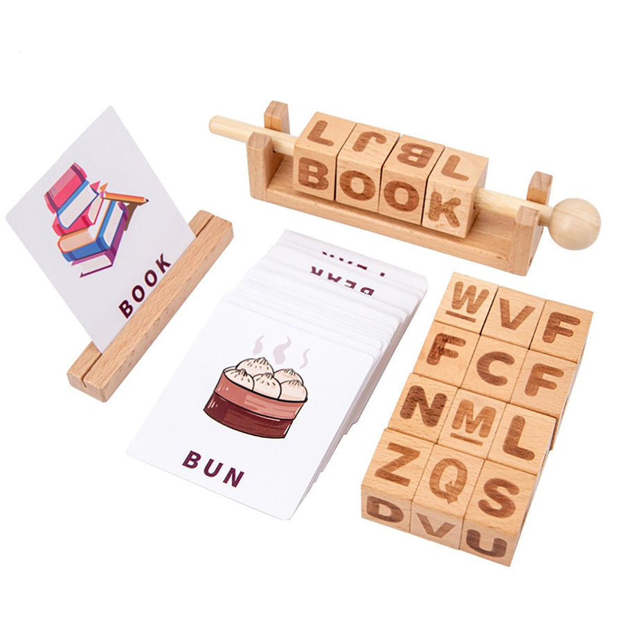 Montessori Wooden Spelling Learning Blocks Alphabet Number Matching Manipulative Toy Spinning Word Game for Children Boys - MRSLM