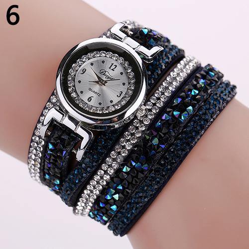 Women Fashion Multilayer Rhinestone Faux Leather Strap Bracelet Wrist Watch - MRSLM