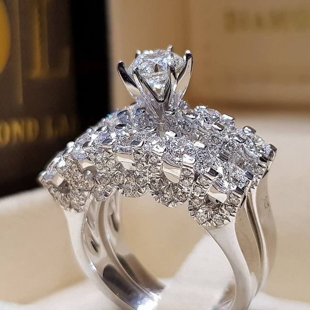 2Pcs Bridal Set Elegant rings for Women Sliver Color Wedding Engagement fashion Jewelry With Full Shiny Cubiz Zircon female ring - MRSLM