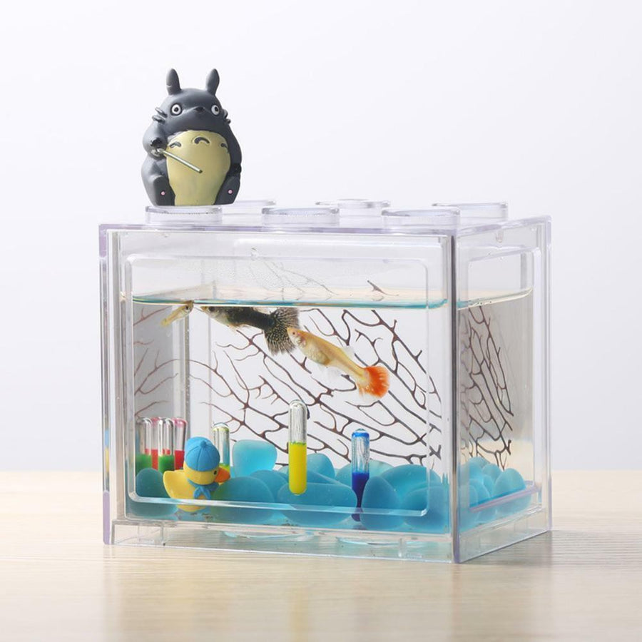 Colorful Clear Mini Fish Tank Aquarium LED Light Office Desktop Ornament Decor - MRSLM