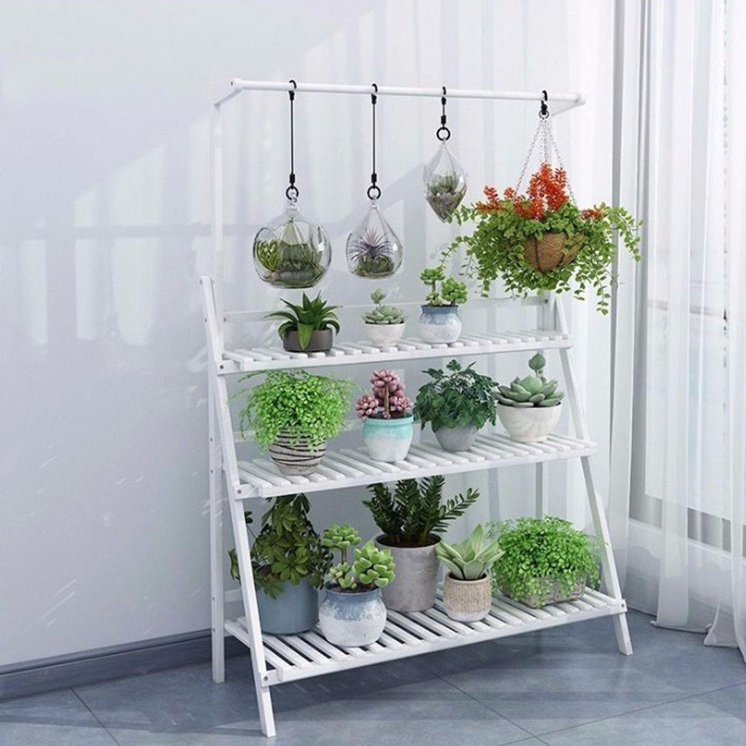 3-tier Height Adjustable Foldable Stair-floor Flower Pot Stands Rack with Removable Pot Hanging Bar Rack Freestanding Foldable - MRSLM