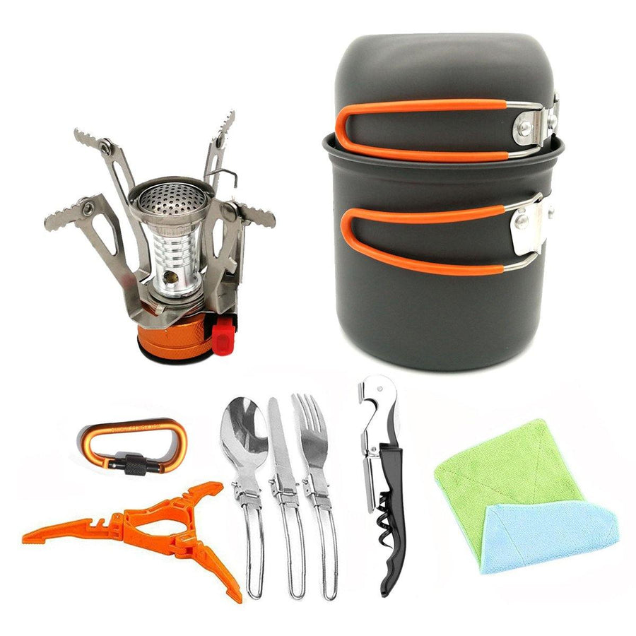 Portable Backpacking Outdoor Picnic Set Hiking Cookware Camping Pot Bowl Stove Set Burner - MRSLM
