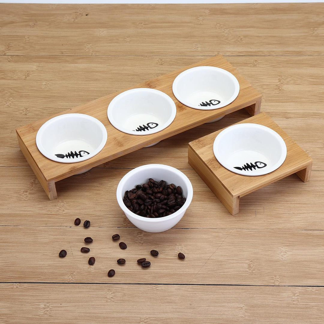 Elevated Dog Cat Bamboo Pet Feeder Ceramic Bowl Raised Stand 3 Sizes Durable - MRSLM