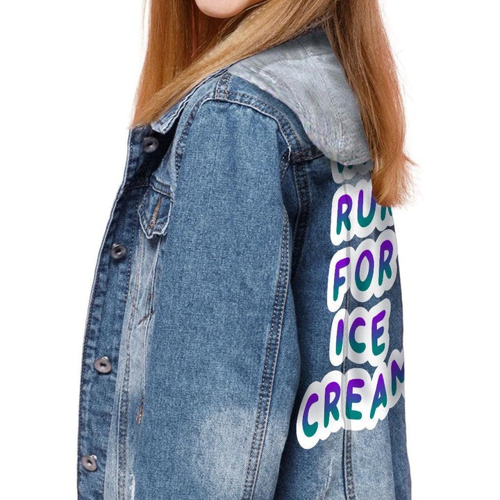 Will Run for Ice Cream Hooded Denim Jacket for Kids - Funny Jean Jacket - Cool Denim Jacket for Kids - MRSLM