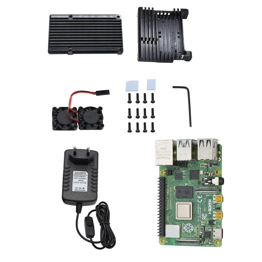 4G RAM Raspberry Pi 4 Model B Mainboard + Black/Gold/Sliver Aluminum CNC Alloy Protective Case + Double Cooling Fan+ 5V3A Power Supply EU Plug DIY Kit For Raspberry Pi - MRSLM