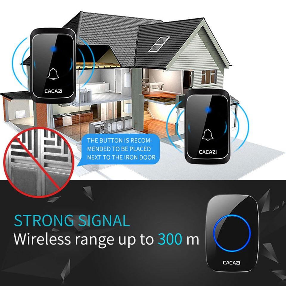 CACAZI A60 Waterproof Wireless Music Doorbell LED Light Battery 300M Remote Home Cordless Call Bell 58 Chime 1 Button 2 Receiver - MRSLM