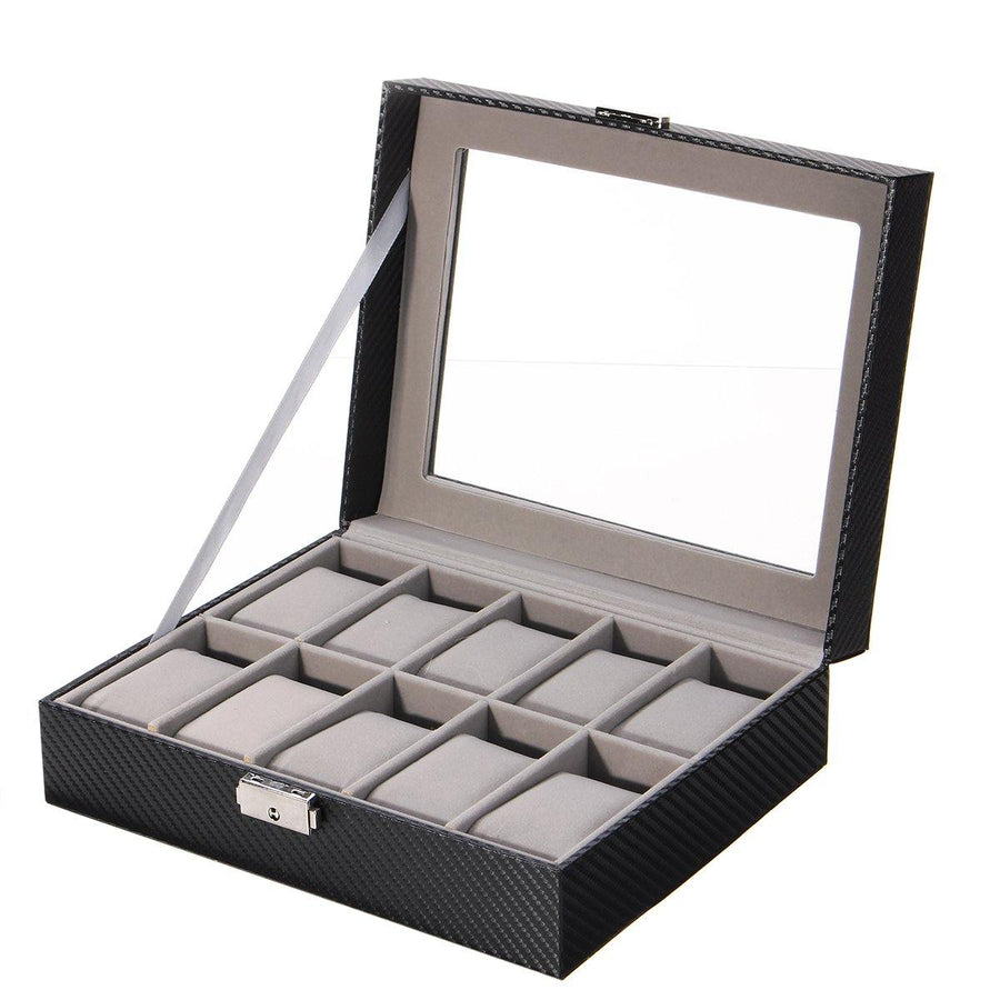 Leather Watch Jewelry Display Storage Holder Case 10 Grids Box Desktop Organizer - MRSLM