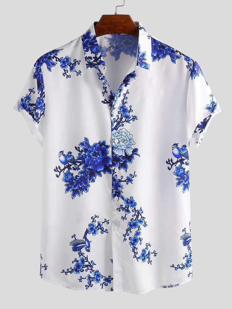 Mens Chinese Style Porcelain Floral Printed Short Sleeve Turn Down Collar Casual Shirts - MRSLM