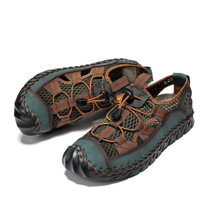 Men Cowhide Leather Hand Stitching Mesh Breathable Soft Bottom Casual Outdoor Sandals - MRSLM