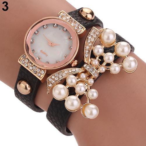 Women's Butterfly Faux Pearls Bracelet Faux Leather Rhinestone Wrap Wrist Watch - MRSLM