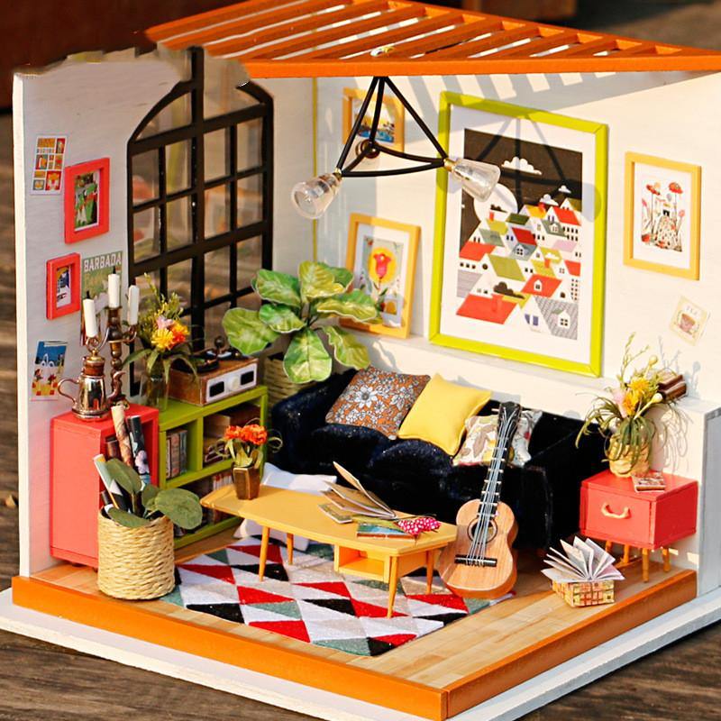 Sitting Room with Furniture Children Adult Miniature Wooden Doll House Model Building Kits Dollhouse (1style) - MRSLM