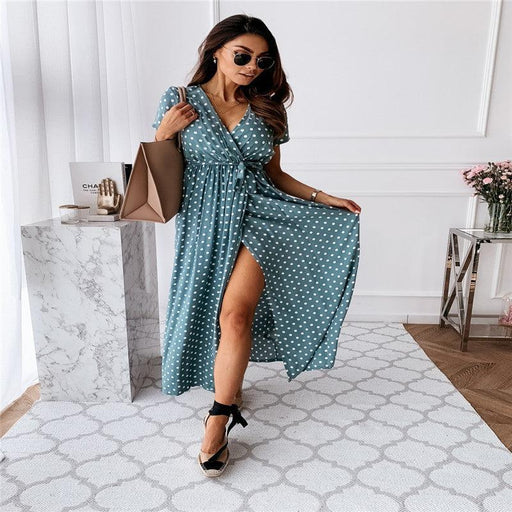 v-neck bohemian polka dot long dress, view 2 - MRSLM
