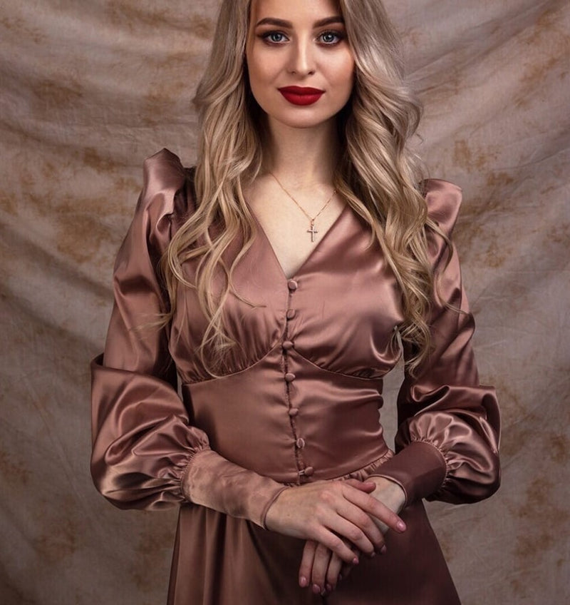 women's satin puff sleeve dress, view 14 - MRSLM