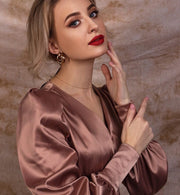 women's satin puff sleeve dress, view 13 - MRSLM
