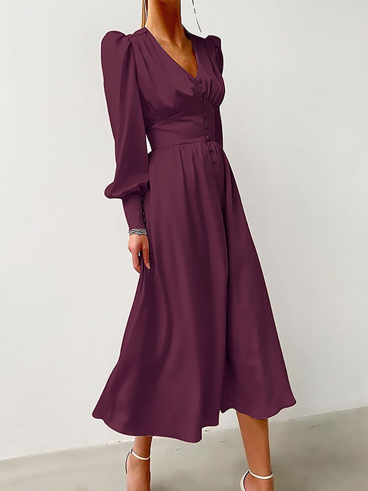 women's satin puff sleeve dress, view 2 - MRSLM