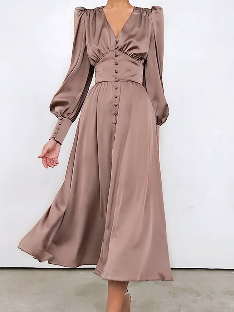 women's satin puff sleeve dress, view 3 - MRSLM