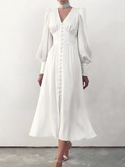 women's satin puff sleeve dress, view 10 - MRSLM