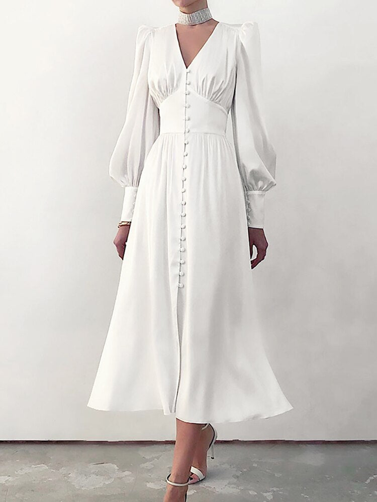 women's satin puff sleeve dress, view 10 - MRSLM