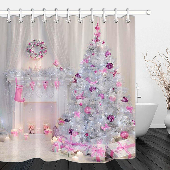 Christmas Tree Interior Xmas Fireplace in Pink Decorated Indoors Shower Curtain Bathroom Sets With Mat Bathroom Fabric For Bathtub Decor - MRSLM