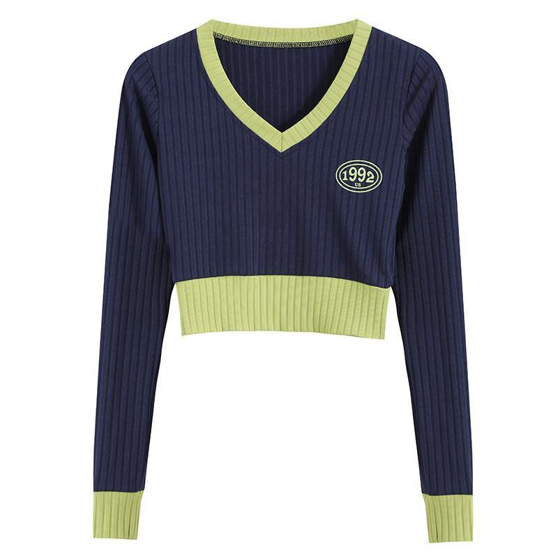 Knit Sweater V-neck 2021 New Slim-fit Contrast Short Cropped Long-sleeved Bottoming Shirt (Dark Blue One size) - MRSLM