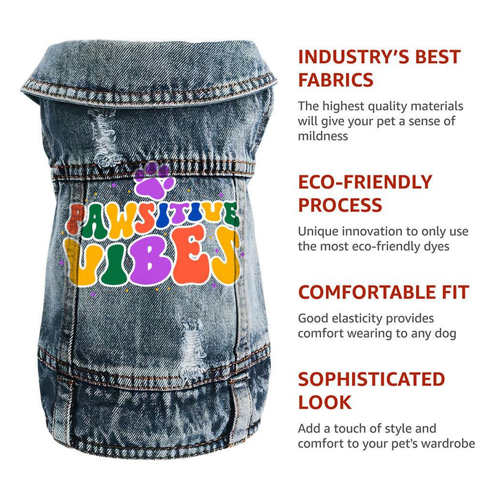 Pawsitive Vibes Dog Denim Vest - Colorful Text Dog Denim Jacket - Cool Dog Clothing - MRSLM