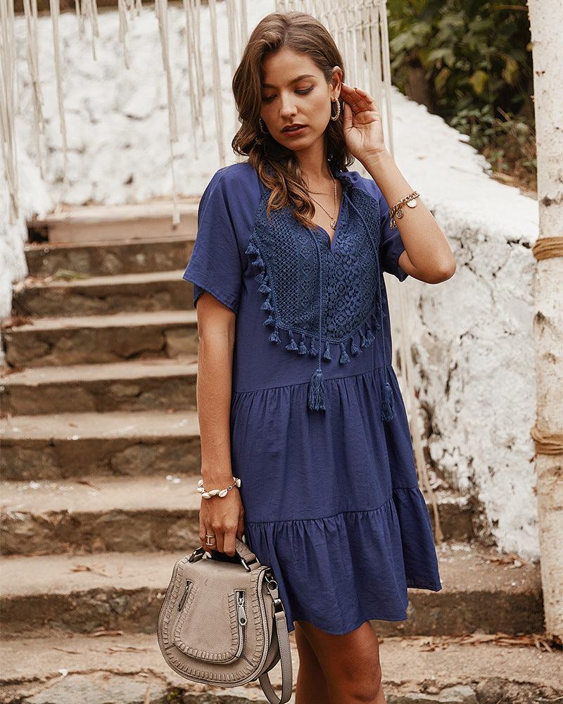 lace stitching solid color v-neck dress, view 3 - MRSLM