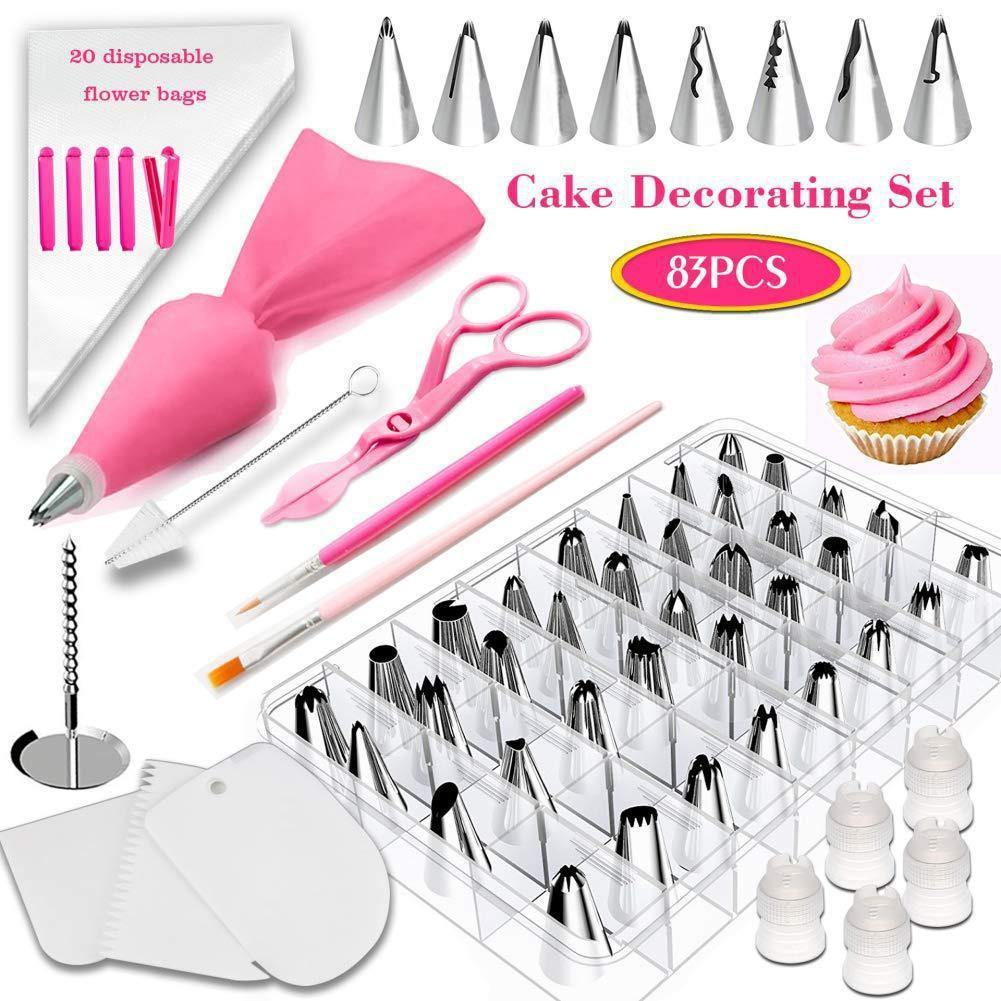 Icing Piping Nozzles Pastry Bags Coverter Food Writing Pen Cake Decorating Tips Sets Pastry Nozzles for Decorating Cakes (Pink 83pcs) - MRSLM