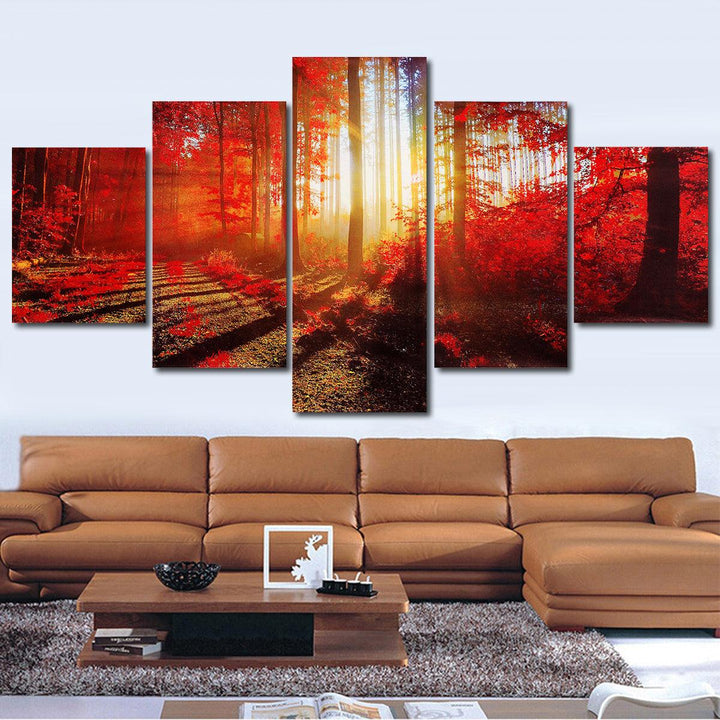 5Pcs Canvas Print Paintings Landscape Red Maple Forest Wall Decorative Art Pictures Frameless Wall Hanging Decorations for Home Office - MRSLM