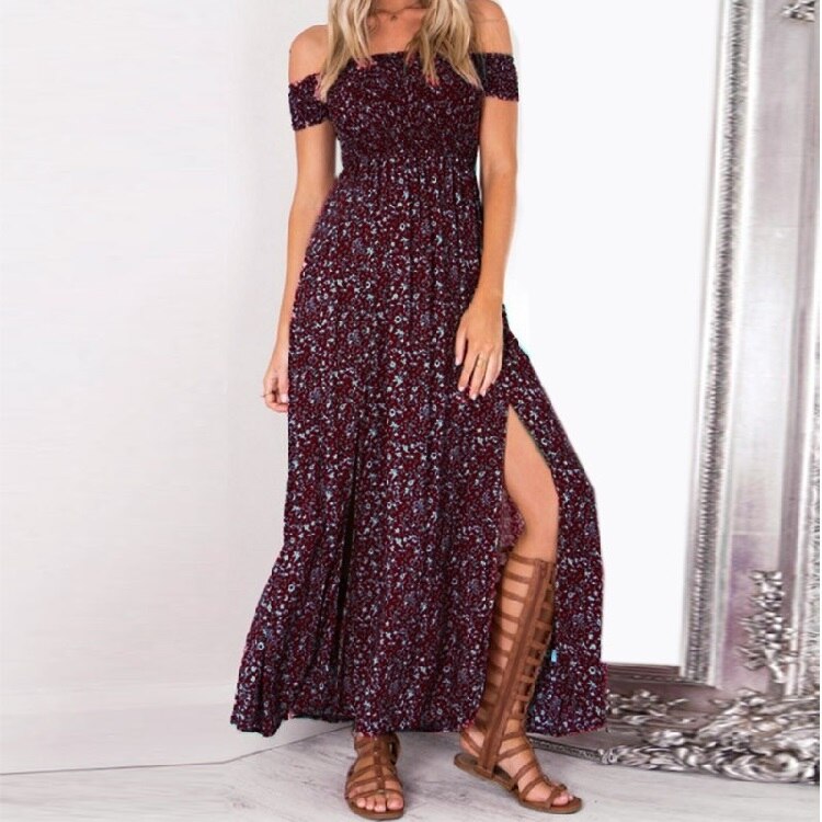 Vestido longo boêmio Bardot feminino