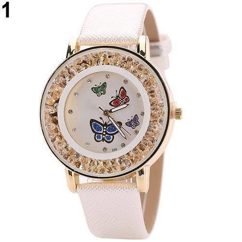 Women Fashion Butterfly Flowing Rhinestone Dial Faux Leather Analog Wrist Watch - MRSLM