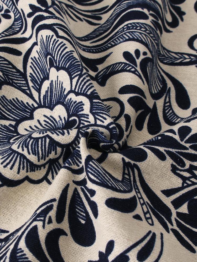 Men Cotton Ethnic Pattern Floral Print Oriental Short Sleeve Shirts - MRSLM