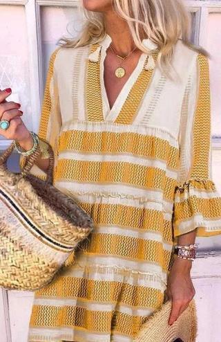 striped v-neck three-quarter sleeve dress, view 2 - MRSLM