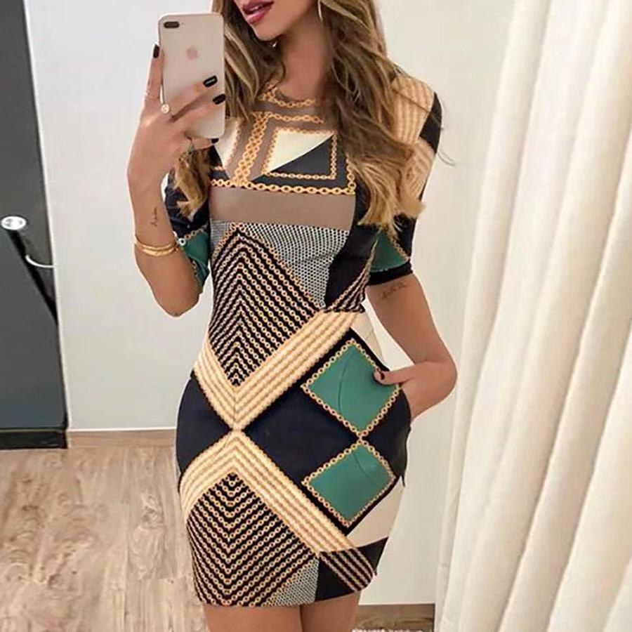 Women's round neck short sleeve printed dress - MRSLM