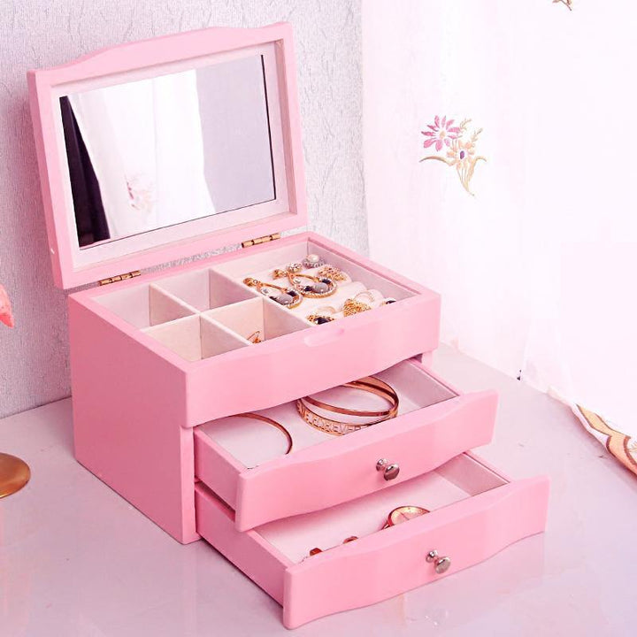 Wooden Jewelry Box with Mirror Three Floors Make-up Box Jewelry Dressing Box - MRSLM