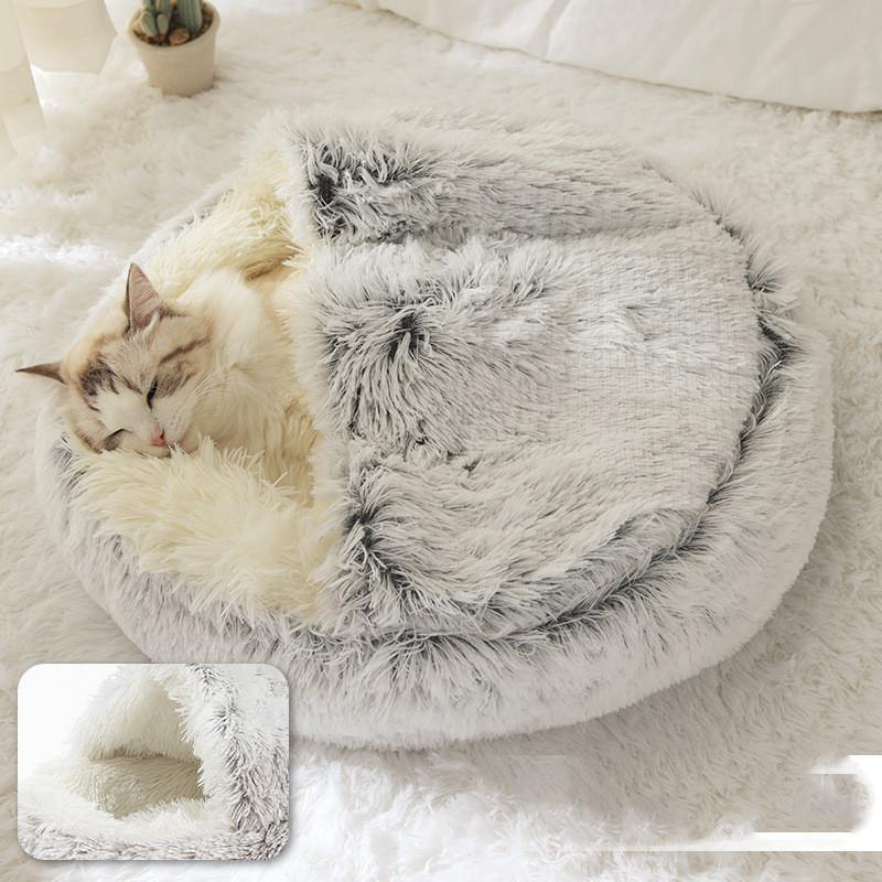 Pet Bed Round Plush Warm Bed House Soft Long Plush Bed 2 In 1 Bed - MRSLM