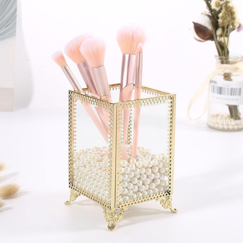 Geometric Glass Makeup Brush Jewelry Box Holder Makeup Organizer Desktop Cosmetic Storage Box Pearls Barrel - MRSLM