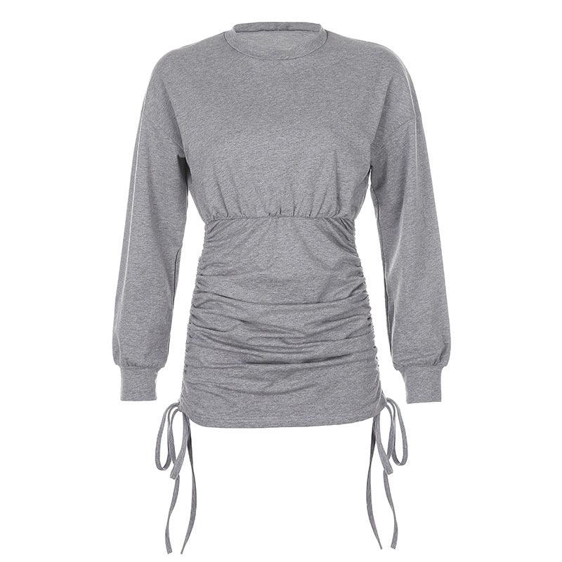 pleated drawstring long sleeve dress, view 5 - MRSLM
