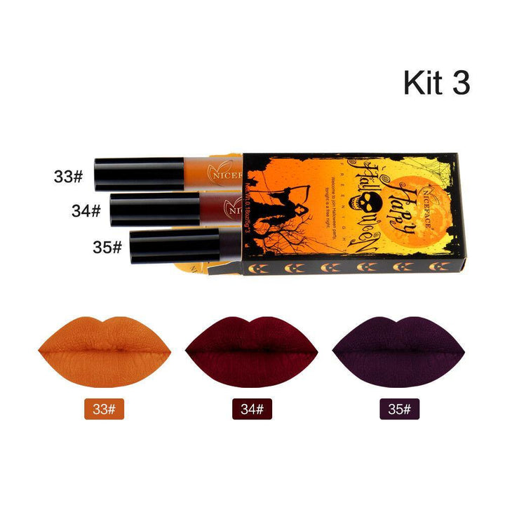 NICEFACE Halloween Matte Lipstick Liquid Lip Gloss Kit Suit Retro Pumpkin Nude Makeup - MRSLM