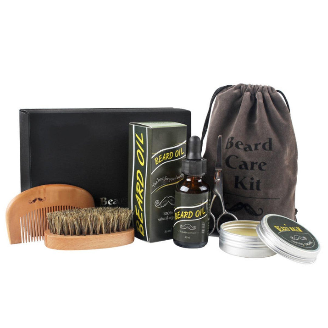 6Pcs Beard Oil Beard Comb Balm Brush Scissor Mustache Care Men Grooming Kit - MRSLM