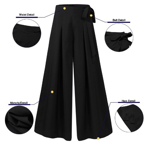 Women Solid Color Tie Waist Casual Swing Pants with Pocket - MRSLM