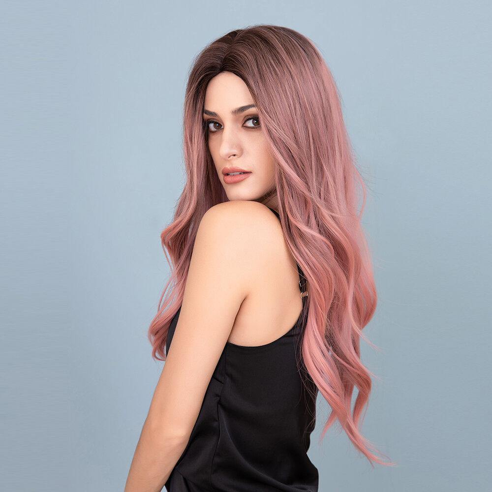 28 Inch Brown Gradient Pink Long Curly Hair Soft High Temperature Fiber Full Head Cover Wig - MRSLM