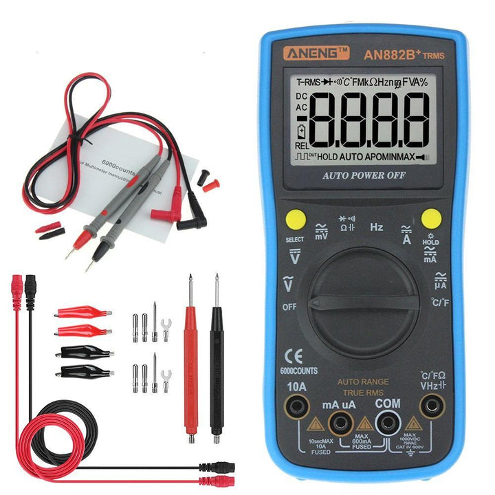 ANENG AN882B+ True RMS Digital Multimeter 6000 Counts With Auto Range Backlight Data Hold AC/DC Voltage and Current Test Temperature Measurement - MRSLM