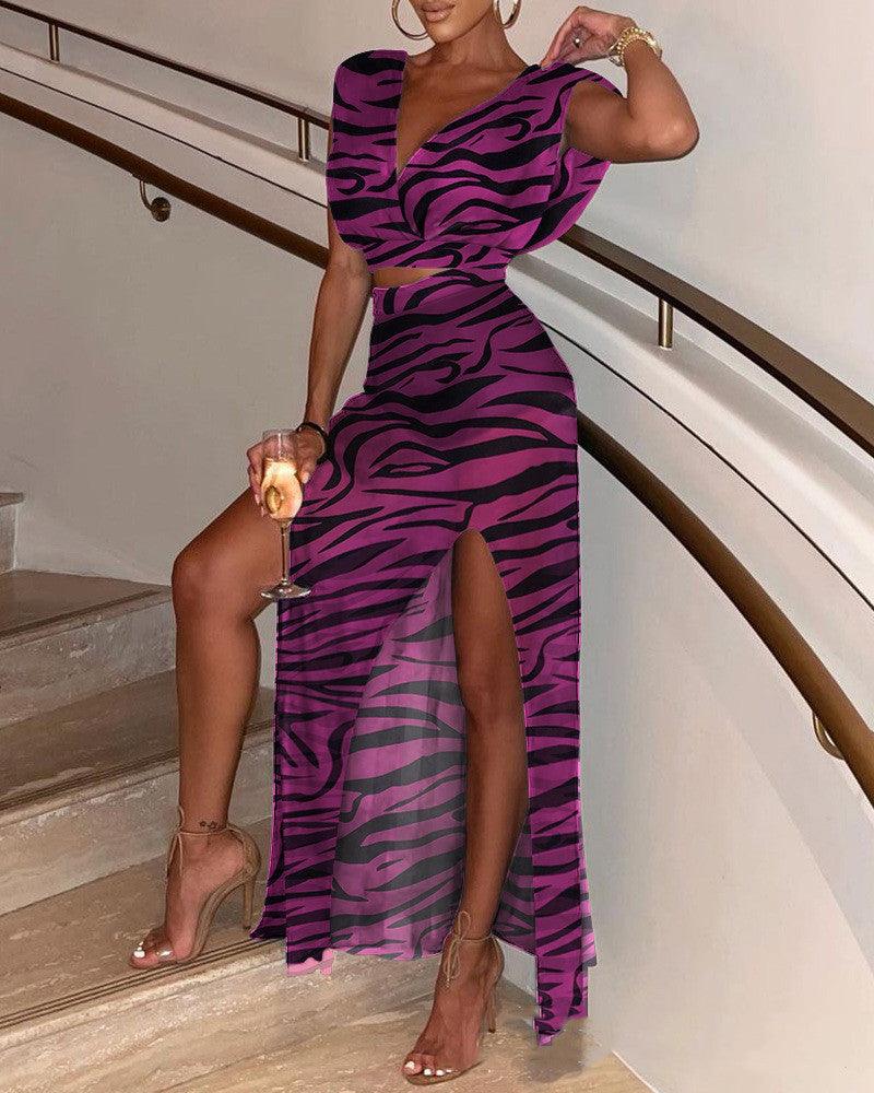 European And American New Women's Black V-neck Slit Skirt Suit - MRSLM