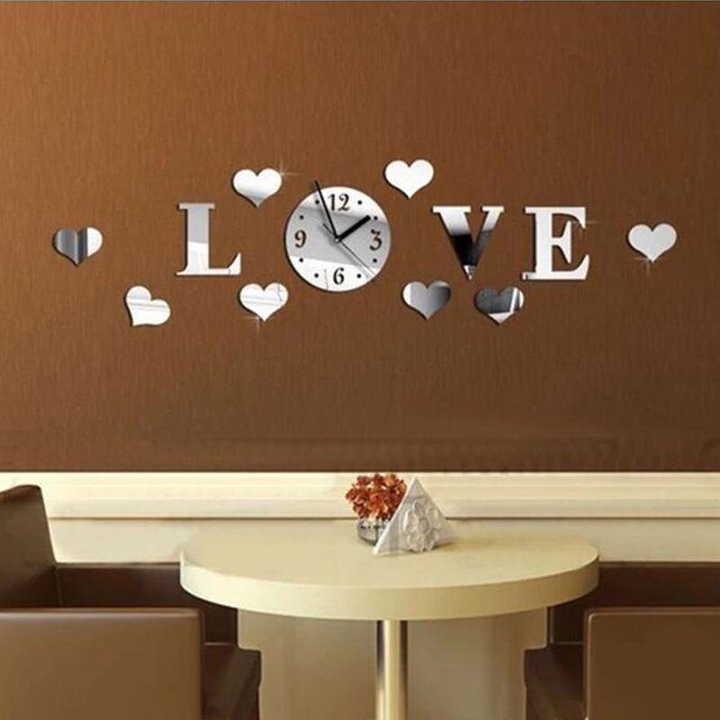 Honana DX-X2 Creative Love 3D Acrylic Mirror Wall Sticker Quartz Clocks Watch Large Home Decor - MRSLM