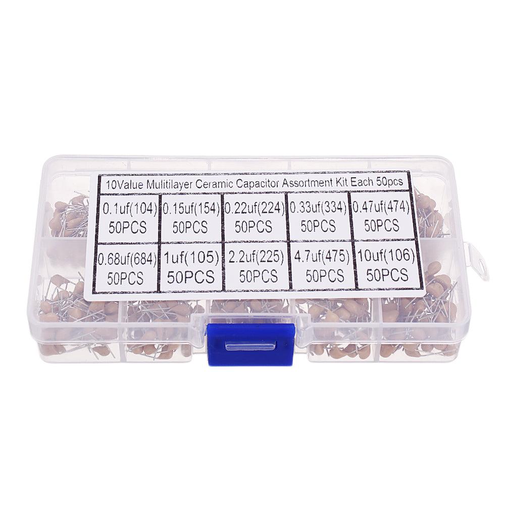 500pcs 10 Values Each 50 0.1uF-10uF(104~106) 50V Multilayer Ceramic Capacitor Assorted Kit Assortment Set with Storage Box - MRSLM