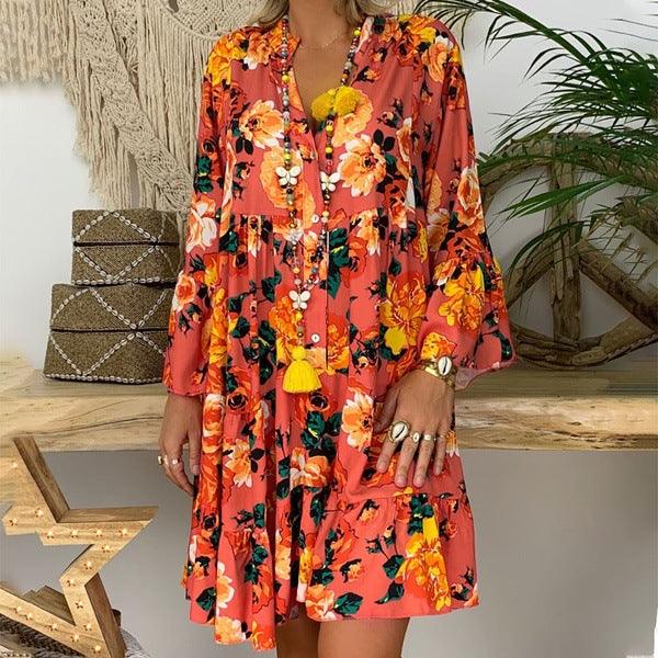 Printed V-neck button ruffled loose dress - MRSLM