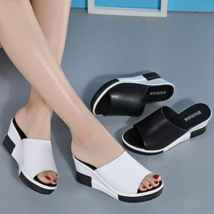 2021 summer new leather slippers slope with thick bottom platform sandals sandals female female beach shoes word - MRSLM