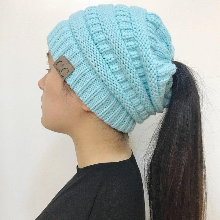 High Bun Ponytail Beanie Hat Chunky Soft Stretch Cable Knit Warm Fuzzy Lined Skull Beanie Acrylic Hats Men And Women - MRSLM