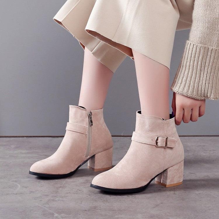 Round Toe Mid-heel Thick Heel Short Boots With Belt Buckle Martin Boots - MRSLM